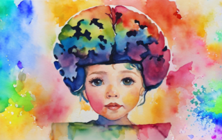 Watercolor portrait of a child with large eyes, surrounded by a vivid splash of colors.