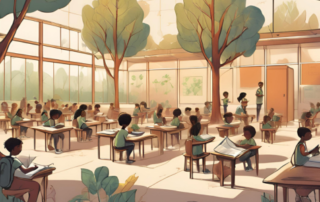 Illustration of a sunlit classroom with large windows, trees, and students at desks.