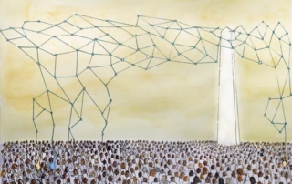 A large, diverse crowd gathers under a sky with geometric wire shapes leading to a tall, illuminated structure.