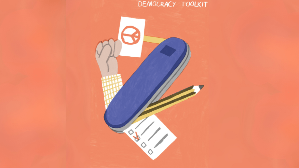 Illustration titled "Democracy Toolkit" featuring a Swiss Army knife merging a fist, a peace symbol, a pencil, and a checklist on an orange background.