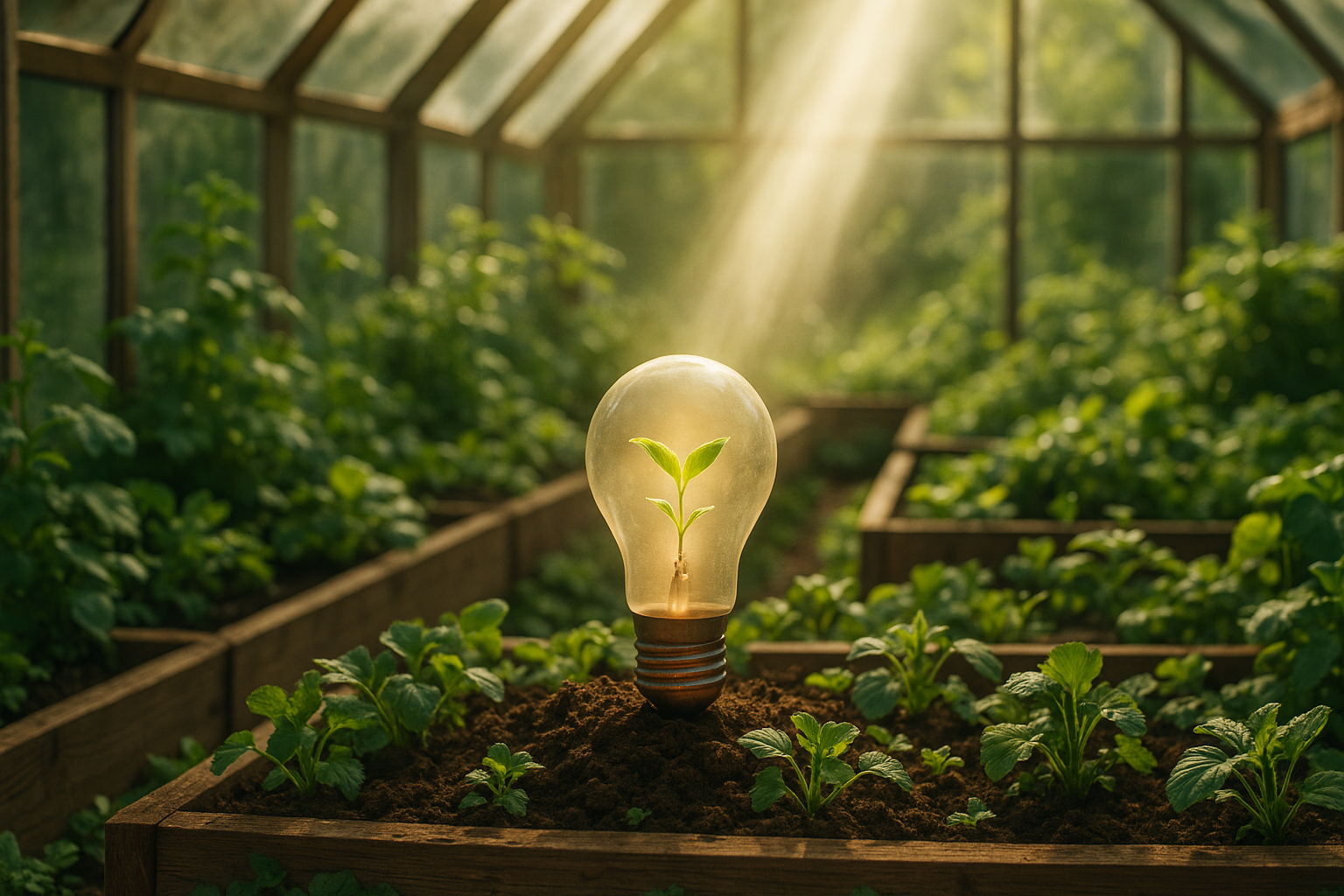 Light bulb in the middle of a green garden house.
